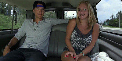 Delicious blonde Anabelle Pync shows off her beautiful big boobs in the car