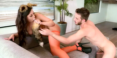 Brunette in stockings is being fucked on the couch