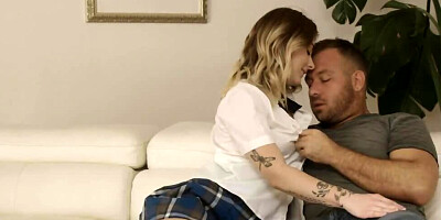 Schoolgirl lifts her skirt up and rides a hard cock