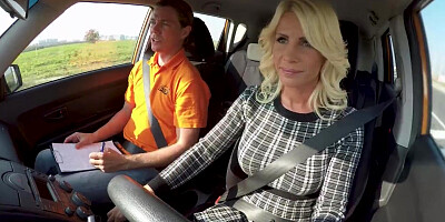 Blonde in stockings cajoles driving instructor by sex