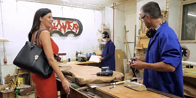 Hot MILF gets fucked by two carpenters at the workshop