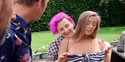 Studs team up to fuck hot blond alien with big melons