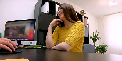 Nerdy gal seduces loan officer to get new apartment