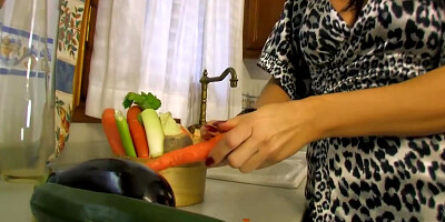 Woman Fucks Another Man In Front Of Her Cuckold. She Does Double Penetration With A Cucumber And A Carrot