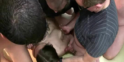Group sex video with brunette buttfucked by four men