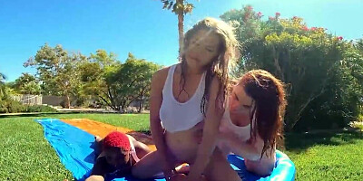 Three busty lesbian whores are having an interracial FFF