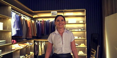 Close Friend. Jeny Smith teases a man in a clothing store