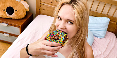 Juicy blonde shagged and jizzed on by two horny dudes