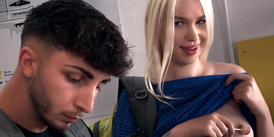 Dirty blonde girl sucks hard cock behing boyfriend's back