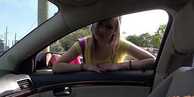 Hitch hiker brunette gets picked up and fucked after she exposes her tits