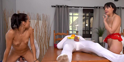 Two slutty girls are sucking hard cocks of these three gimps