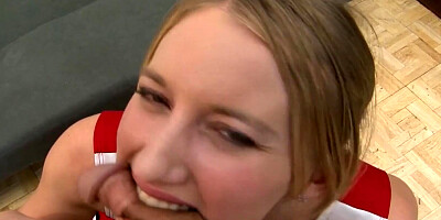 After ballbusting and biting the nerd the blonde femdom lets him use her wet pussy