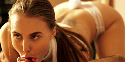 White horny bunny is dancing for me and sucking on my carrot