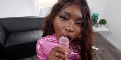Ebony cutie Noemie Bilas sucking a thick BWC in POV