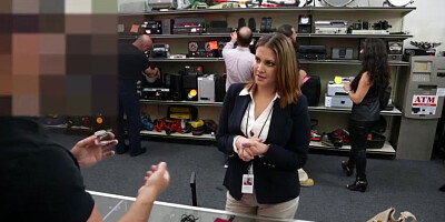 Blonde Business lady babe Fucked inside the pawn shop office while she is selling her Collection