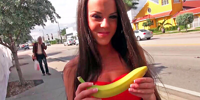 Slut gets naked outside and then she plays with her pussy