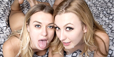 Alluring blondes swap dick between their pink pussies
