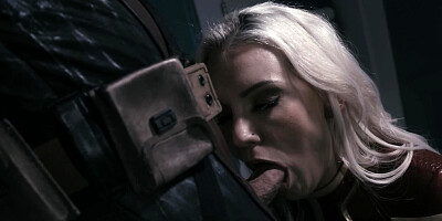 Blonde babe goes down on a masked guy and sucks his pecker