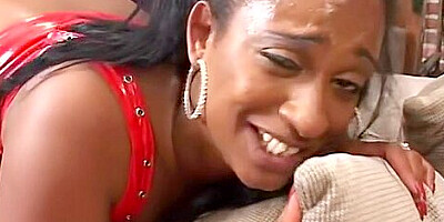 Busty Chocolate Girl In Red Latex Plays With Her Nipples While Dude Fucking Her