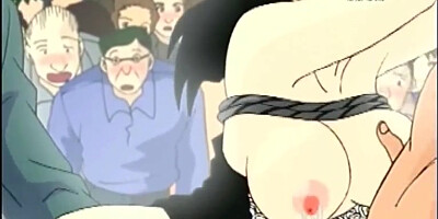 Roped anime dildoed action in the public show