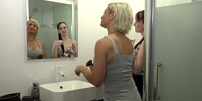 A MILF and a teen are going down on a big dick in MFF