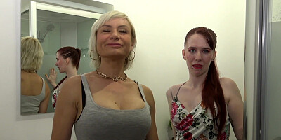 A MILF and a teen are going down on a big dick in MFF