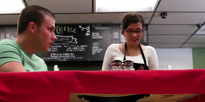 Young Latina woman Melissa Moore gives a blowjob in the cafe