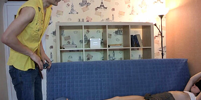 Tied up girl is being fucked by boyfriend's pall while he is watching