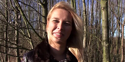 Pretty blonde babe sucks dick in the forest for money