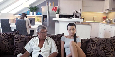 Girl with dark hair sucks not BF but his stepdad