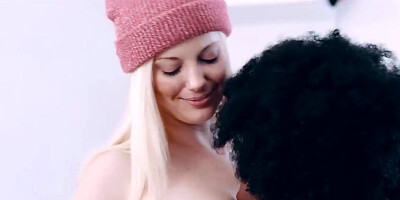 Skinny blonde hottie moans in interracial lesbian action