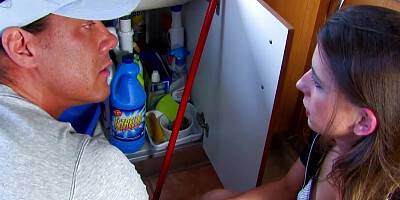 Big cock plumber sticks his tongue and his penis deep inside a horny brunette housewife
