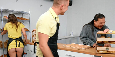 Two sluts and a stud have kinky threesome at the bakery