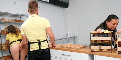 Two sluts and a stud have kinky threesome at the bakery