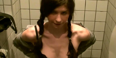 Amateur chick is blowing off two dudes in the toilet