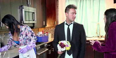 Raven haired honey with large boobies riding a thick pecker