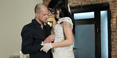 Bald dude pleases magnificent babe with anal penetration