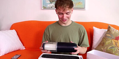 Chick discover stepbro playing with fleshlight and helps him