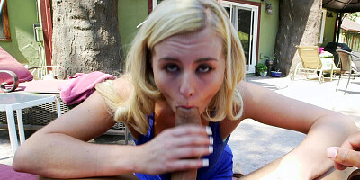 A blonde that loves to suck is sitting on a big black shaft in the living room