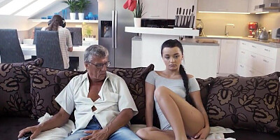 Teen gal and her BF's old dad enjoy mutual masturbation