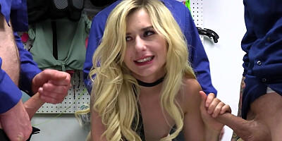Girl with blonde hair gets fucked by a bunch of men for stealing