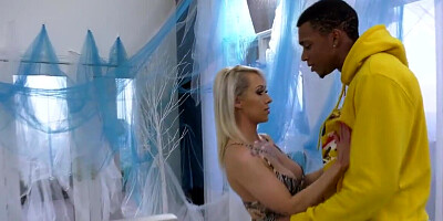 Barbecue ends for busty blonde with interracial gangbang