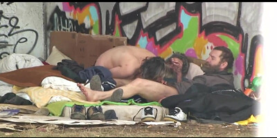 Dirty threesome sex of homeless whore and bearded dudes