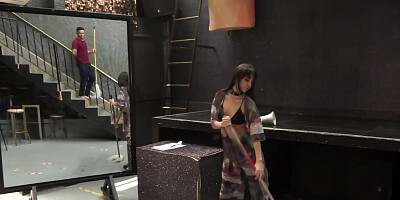 Latina girl drops her mop to be carnal with the new colleague