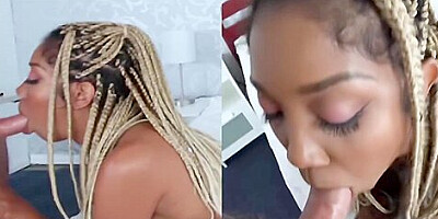 Ebony With Blonde Dreads Milks Big White Cock