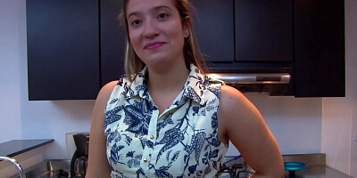 Naughty girl goes down on her man and blows him in the kitchen