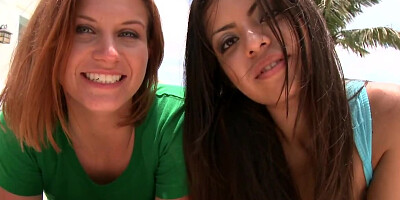 Beautiful pornstars with smokin' hot boobs kiss and suck by pool