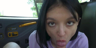 Shy brunette teen pays for the taxi ride by having sex