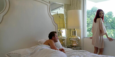 A skinny girl is on the bed and she is riding a cock like a cowgirl