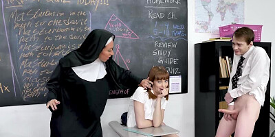Lovelace shoves cock in lovely girl and older nun in the class